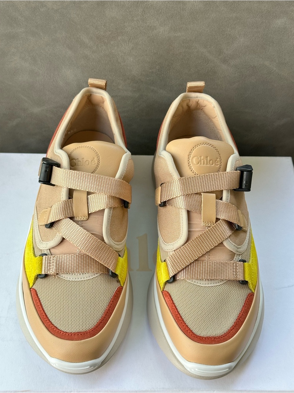Chloé Beige, Yellow & Rust Lace-Back Strap Sneakers